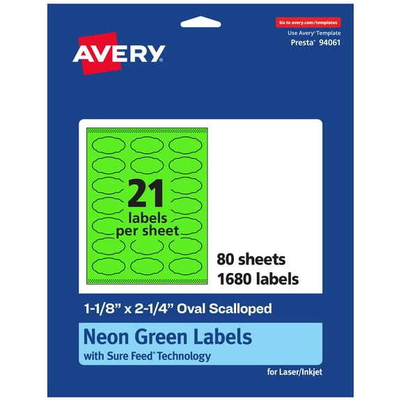 Avery Oval Scalloped Labels, Neon Green, 1-1/8" x 2-1/4", 1,680ct