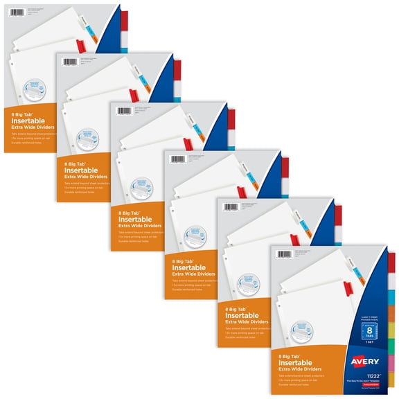 Avery® Paper Dividers, Insertable Big Tab™, 8-Tab, Color, 6 Sets