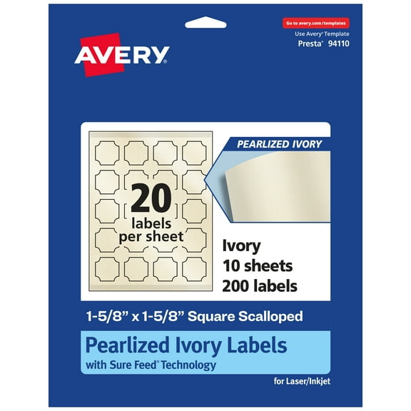 Avery Pearl Ivory Square Scalloped Labels, 1-5/8" x 1-5/8", 200ct