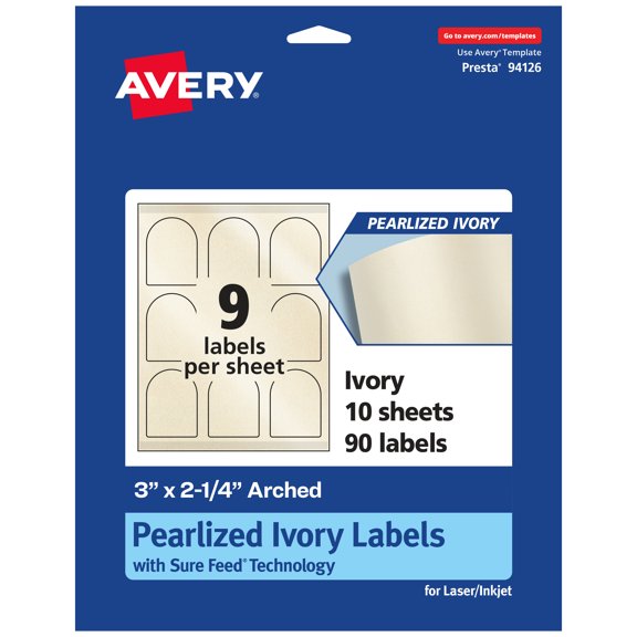 Avery Pearlized Ivory Arched Labels, 3" x 2.25", 90ct