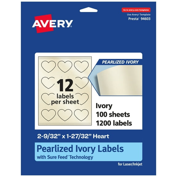 Avery Pearlized Ivory Heart Labels, 2-9/32" x 1-27/32", 1,200ct