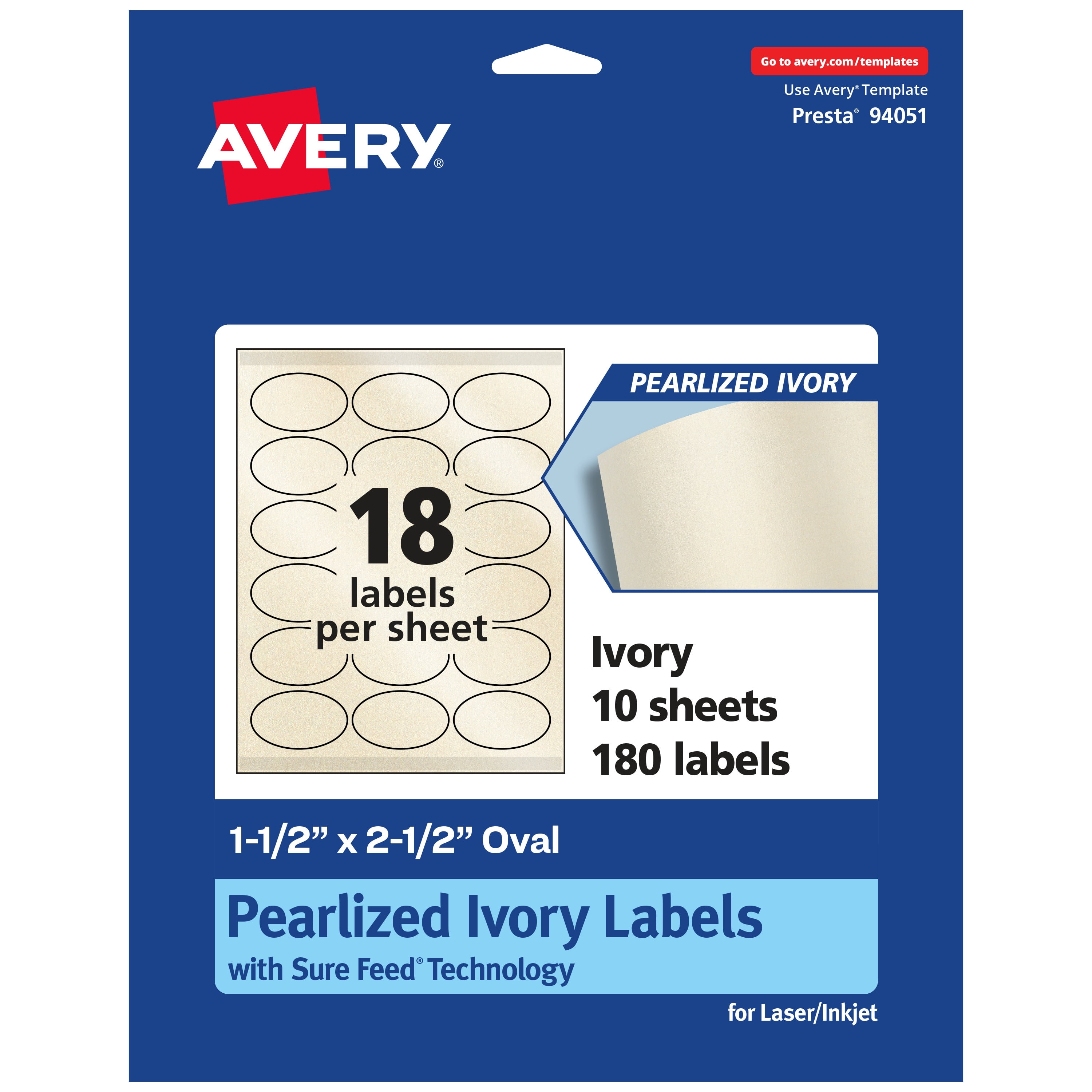 Avery Pearlized Ivory Oval Labels, 1.5" x 2.5", 180ct