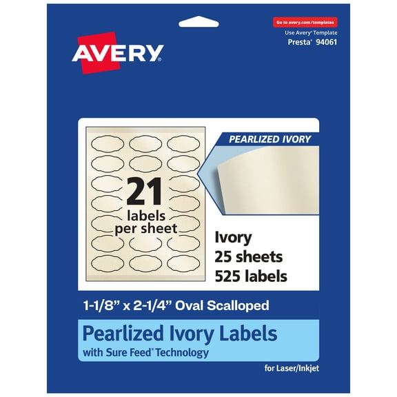 Avery Pearlized Ivory Oval Scalloped Labels, 1-1/8" x 2-1/4", 525ct