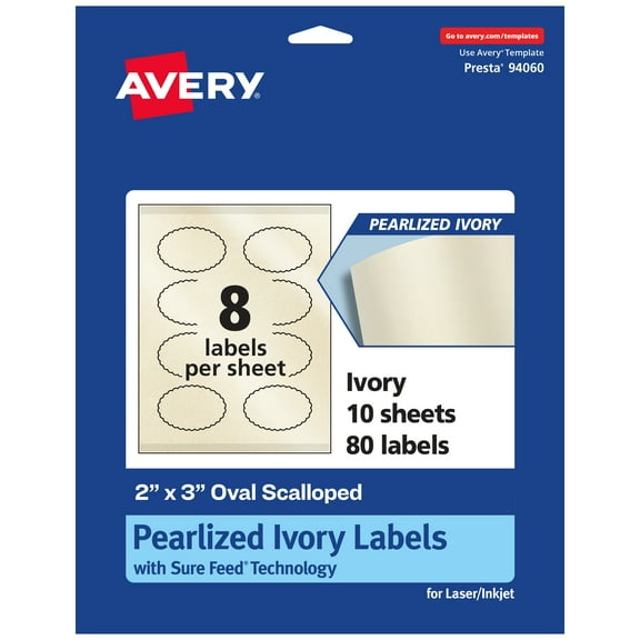 Avery Pearlized Ivory Oval Scalloped Labels, 2" x 3", 80ct