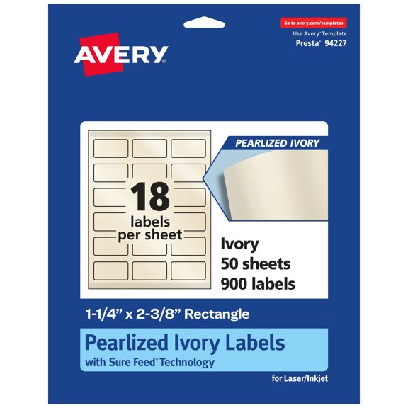 Avery Pearlized Ivory Rectangle Labels, 1-1/4" x 2-3/8", 900ct