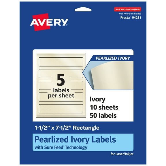 Avery Pearlized Ivory Rectangle Labels, 1.5" x 7.5", 50ct