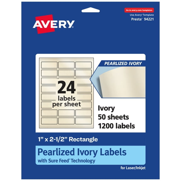 Avery Pearlized Ivory Rectangle Labels, 1" x 2.5", 1,200ct