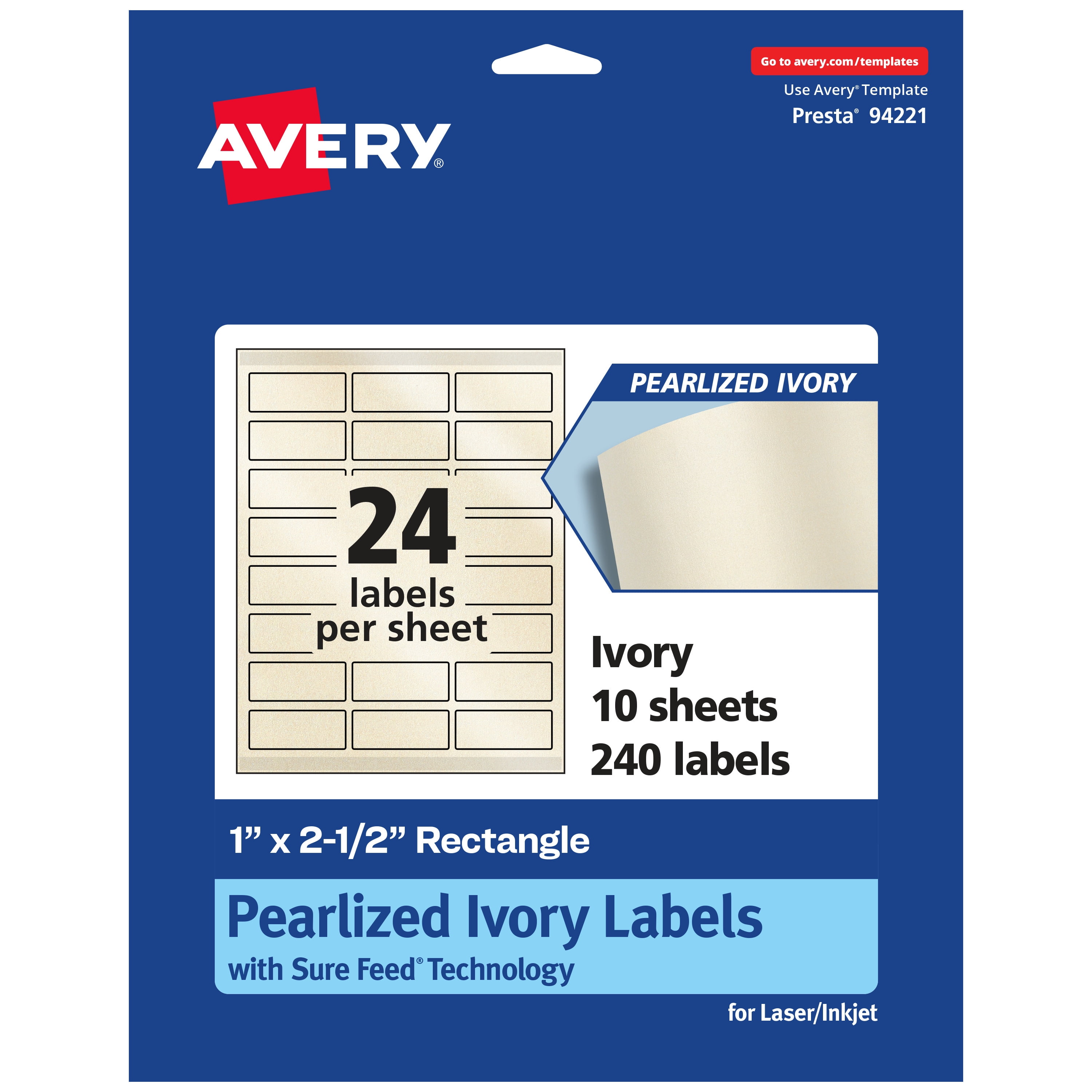 Avery Pearlized Ivory Rectangle Labels, 1" x 2.5", 240ct