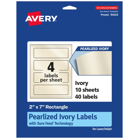 Avery Pearlized Ivory Rectangle Labels, 2" x 7", 40ct