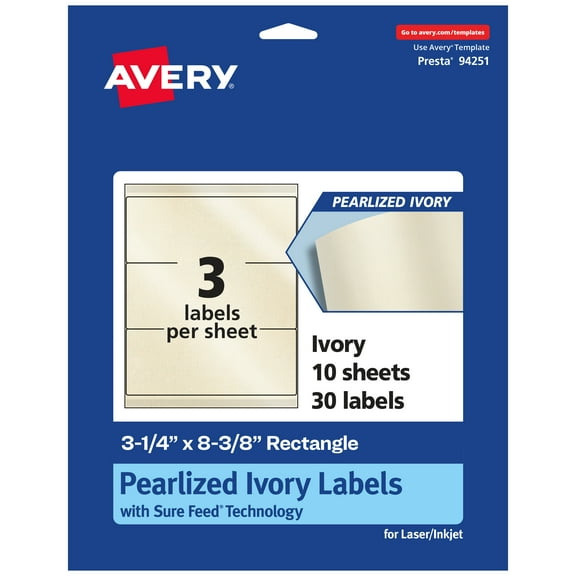 Avery Pearlized Ivory Rectangle Labels, 3-1/4" x 8-3/8", 30ct