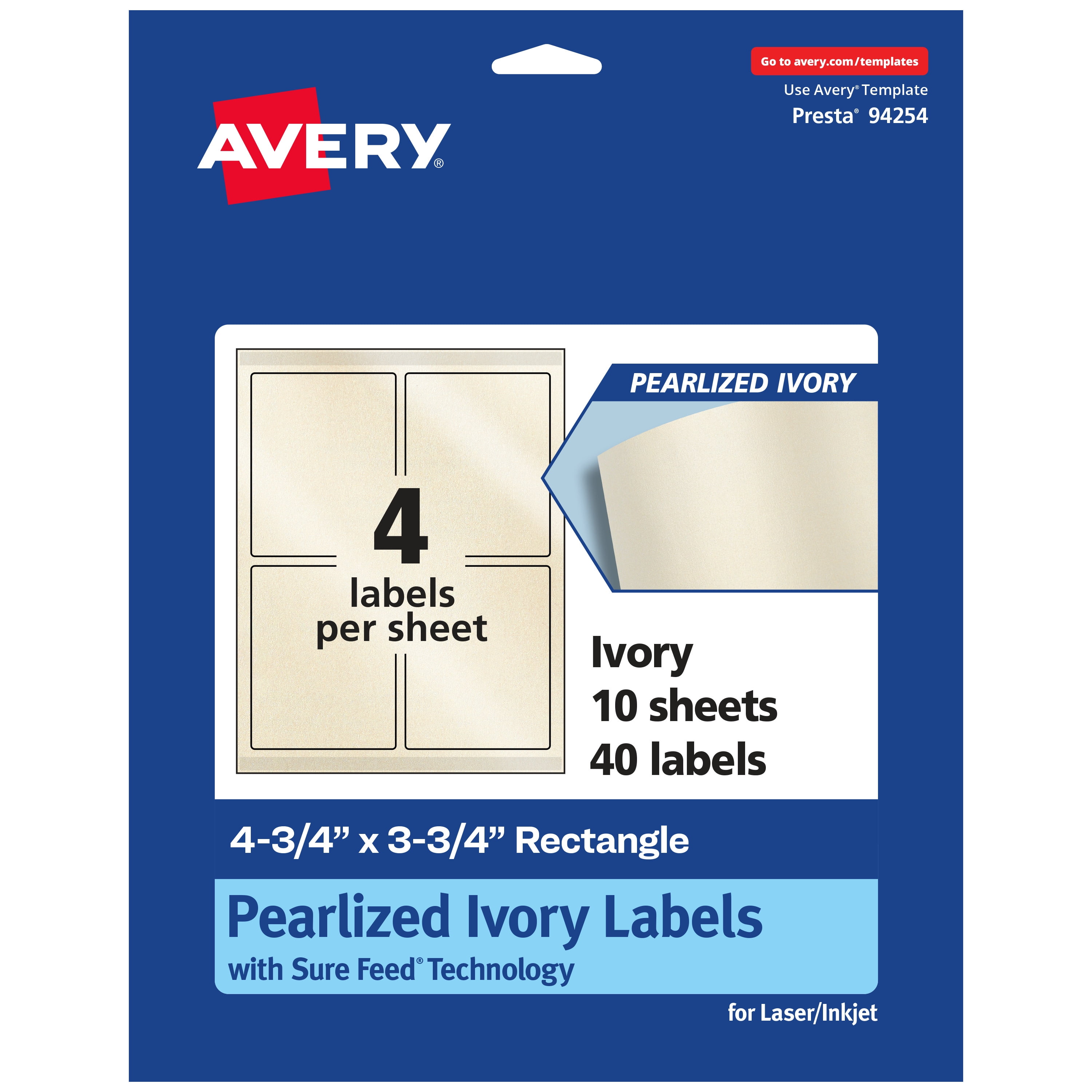 Avery Pearlized Ivory Rectangle Labels, 4.75" x 3.75", 40ct