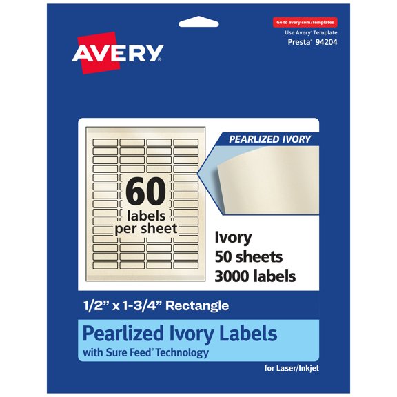 Avery Pearlized Ivory Rectangle Labels, .5" x 1.75", 3,000ct