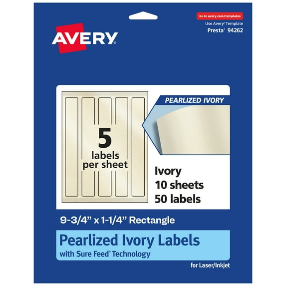 Avery Pearlized Ivory Rectangle Labels, 9.75" x 1.25", 50ct