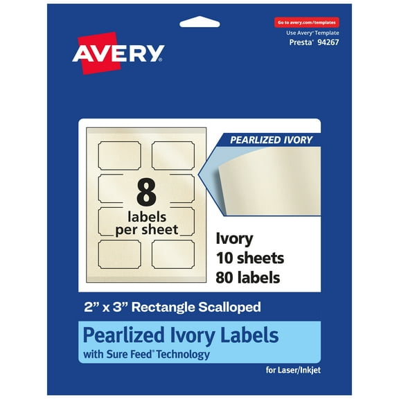 Avery Pearlized Ivory Rectangle Scalloped Labels, 2" x 3", 80ct