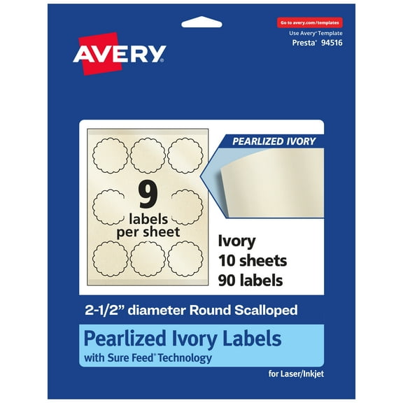Avery Pearlized Ivory Round Scalloped Labels, 2.5" Diameter, 90ct