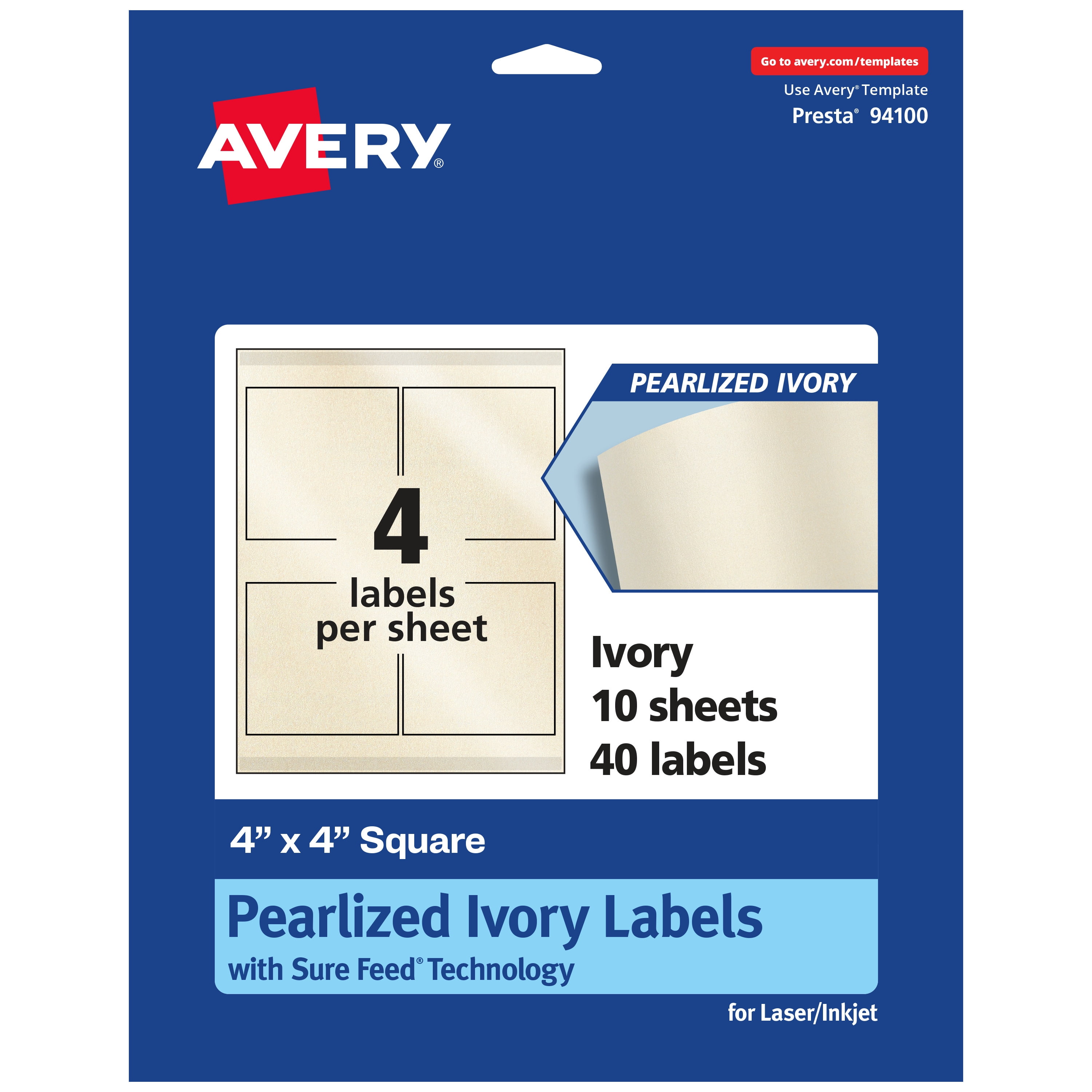 Avery Pearlized Ivory Square Labels, 4" x 4", 40ct