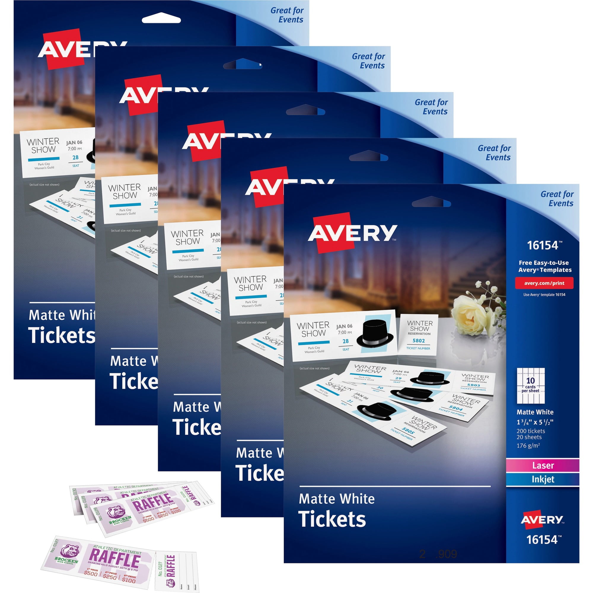 Avery® Perforated Raffle Tickets With Tear-away Stubs - 2-sided Printing - 1 3/4" X 5 1/2" Length - Laser, - Matte White - 20 / Sheet - 1000 / Carton
