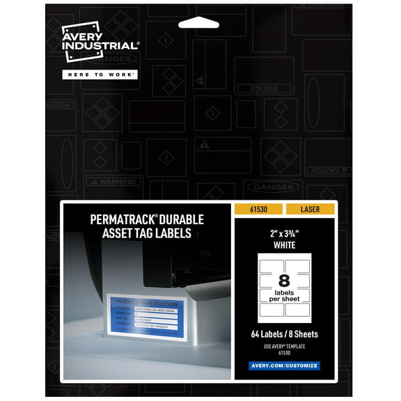 Avery PermaTrack Durable White Asset Tag Labels, 2" x 3-3/4", 64 Asset Tags (61530)