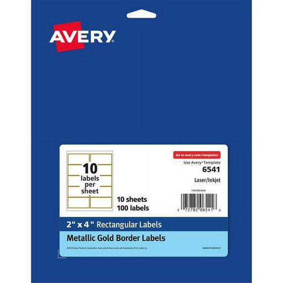 Avery® Permanent Address Labels - 4" x 2" Length - Permanent Adhesive - Rectangle - Inkjet, Laser - Matte White, Metallic Gold - 10 / Sheet - 100 / Pack - Peel-off, Curl R | Bundle of 2 Packs