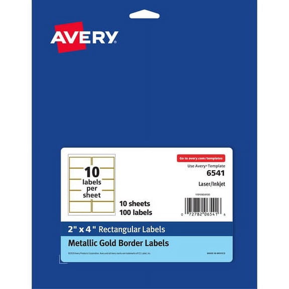 Avery Permanent Address Labels - 4" x 2" Length - Permanent Adhesive - Rectangle - Inkjet, Laser - Matte White, Metallic Gold - 10 / Sheet - 100 / Pack - Peel-off, Curl R | Bundle of 5 Packs