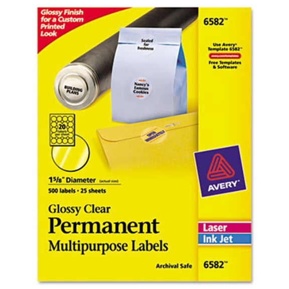 Avery Permanent I.D. Labels- 1 2/3'' dia.- Clear- 500/Pack