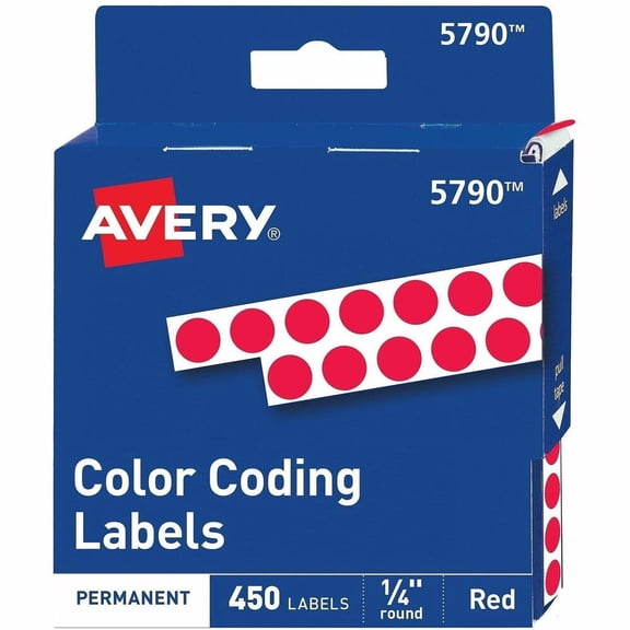 Avery Permanent Self-Adhesive Round Color-Coding Labels, 1/4" dia, Red, 450/Pack