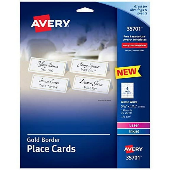 Avery Place Cards With Gold Border, 1-7/16" x 3-3/4", 65 lbs / 176 gsm, Laser/Inkjet, 150 Cards (35701)
