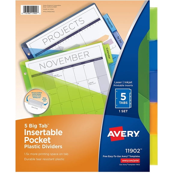 Avery Plastic 5-Tab Binder Dividers with Pocket, Insertable Multicolor Big Tabs, 1 Set (11902)