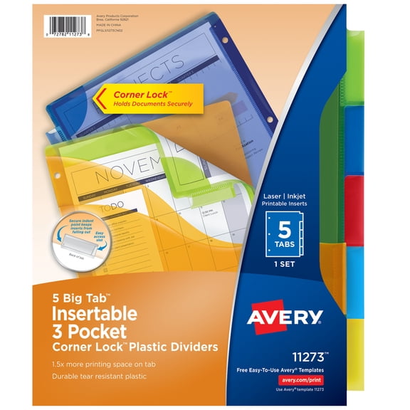 Avery® Plastic Dividers, Insertable Big Tab™, 5-Tab, Multicolor, 1 Set