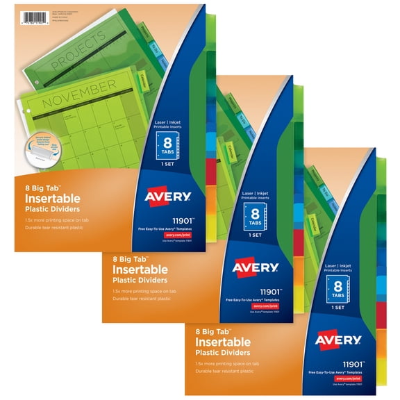Avery® Plastic Dividers, Insertable Big Tab™, 8-Tab, Multicolor, 3 Set