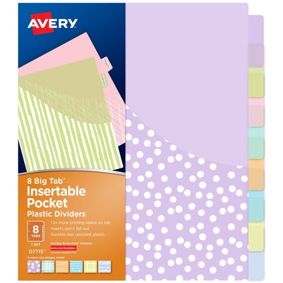 Avery Plastic Dividers, Insertable Big Tab, 8-Tab, Pastel, 1 Set