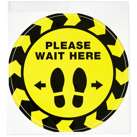 Avery "Please Wait Here" Yellow Social Distancing Floor Decals, 10.5" Diameter, 5 Removable Decals (83020)