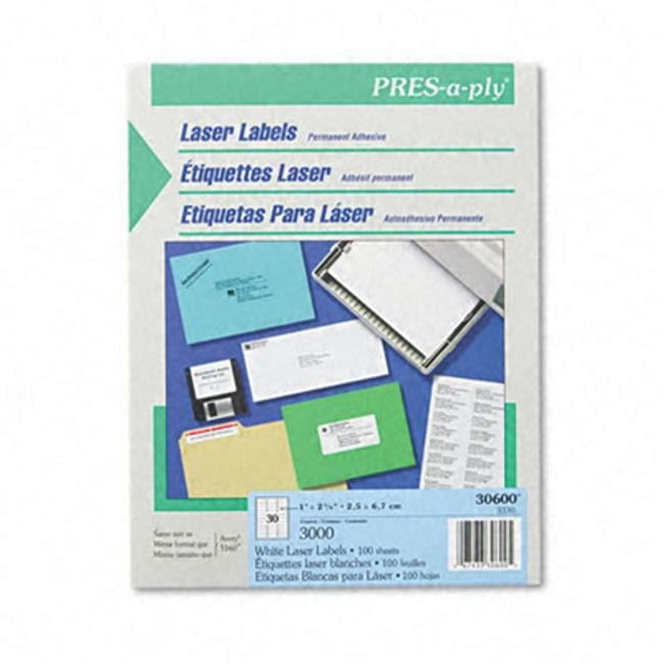 Avery  Pres-A-Ply Laser Address Labels  1 x 2-5/8  White  3000/Box