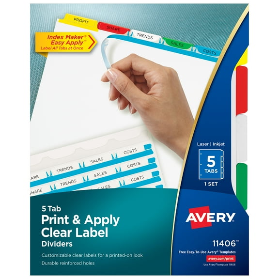 Avery Print & Apply Clear Label Dividers, Index Maker Easy Apply Printable Label Strip, 5 Multicolor Tabs (11406)