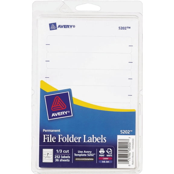 Avery Print-Or-Write Permanent Inkjet/Laser File Folder Labels, 5202, 5/8" x 3 1/2", White, Pack Of 252