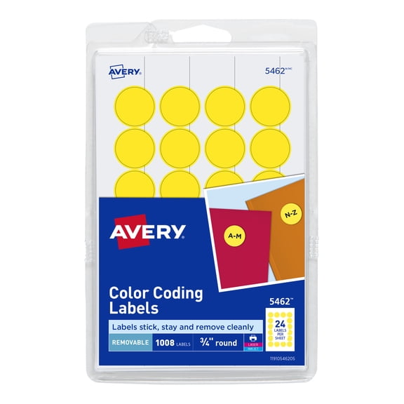 Avery Color Coding Labels, 3/4 inch Round, Yellow, Removable, Printable, 1008 Count