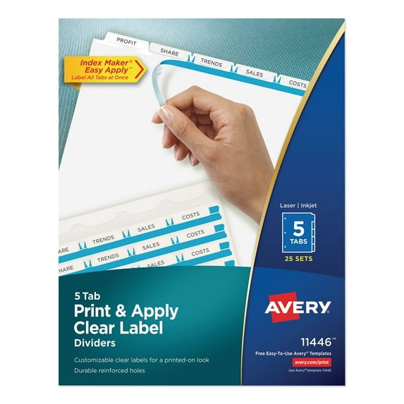 Avery Print and Apply Index Maker Clear Label Dividers 5-Tab, White Tabs, 11 x 8.5, White, 25 Sets