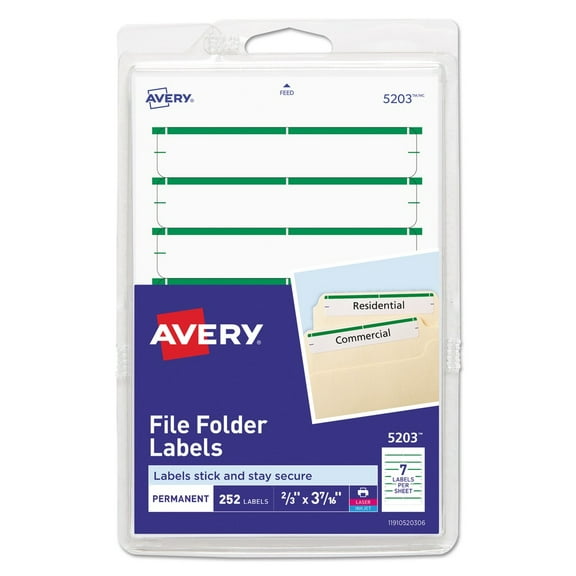 Avery Print or Write File Folder Labels, 11/16 x 3 7/16, White/Green Bar, 252/Pack