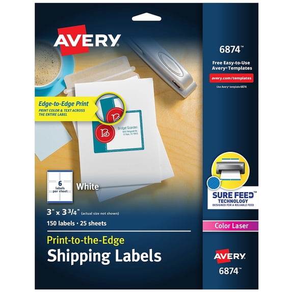 Avery Print-to-the-Edge Color Laser Shipping Labels 3" x 3-3/4" White 6