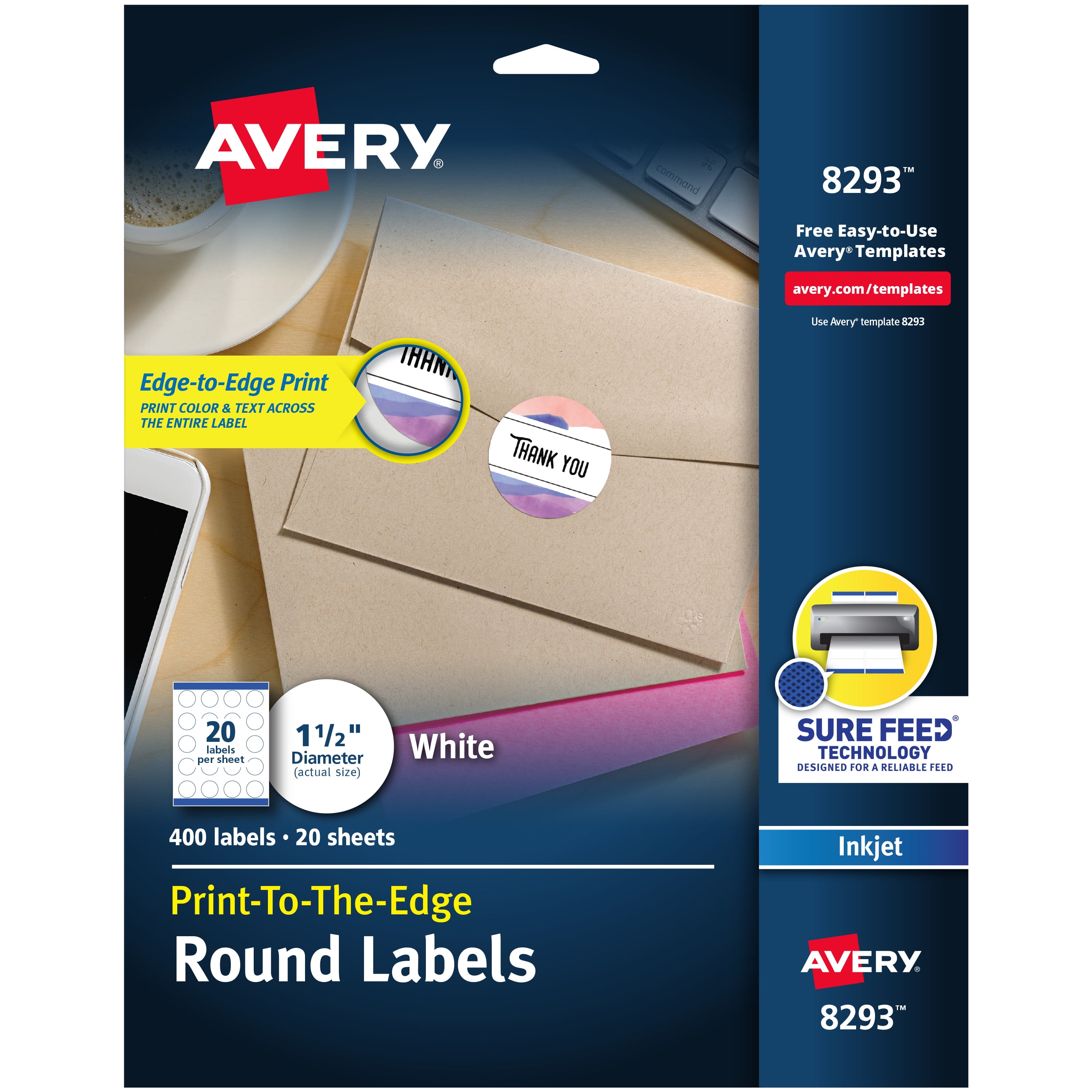 Avery Print-to-the-Edge Labels, Sure Feed Technology, Permanent Adhesive, 1-1/2", 400 Labels (8293) Walmart.com
