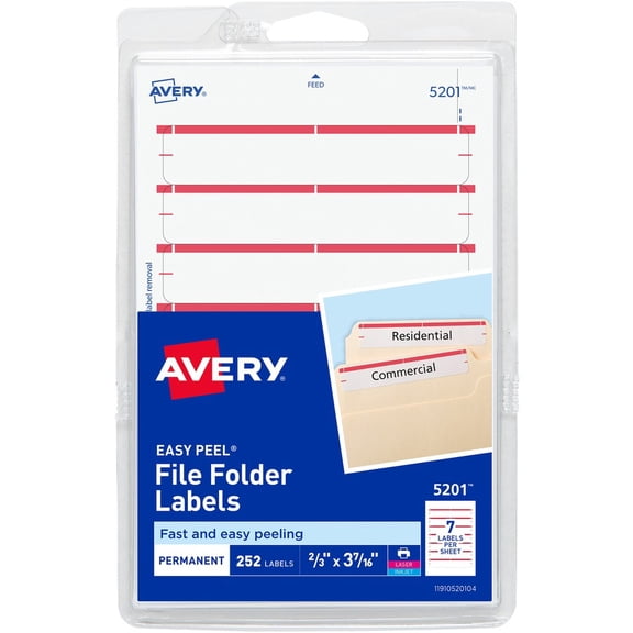Avery Printable 4" x 6" - Permanent File Folder Labels, 0.69 x 3.44, White, 7/Sheet, 36 Sheets/Pack -AVE05201