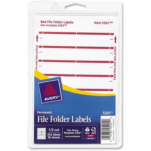 Avery Print or Write File Folder Labels, 11/16 x 3 7/16, White/Dark Red Bar, 252/Pack