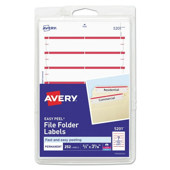 Avery Printable 4" x 6" - Permanent File Folder Labels, 0.69 x 3.44, White, 7/Sheet, 36 Sheets/Pack -AVE05201