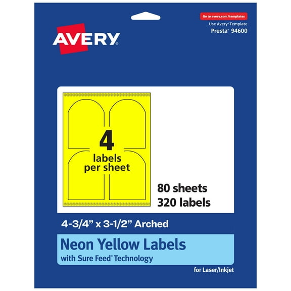 Avery Printable Arched Labels, Neon Yellow, 4.75" x 3.5", 320ct