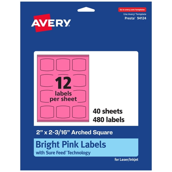 Avery Printable Arched Square Labels, Bright Pink, 2" x 2-3/16", 480ct