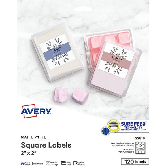 Avery Printable Square Labels - Great for Jar Labels, Sure Feed, 2" x 2", 120 Blank White Labels (22816)