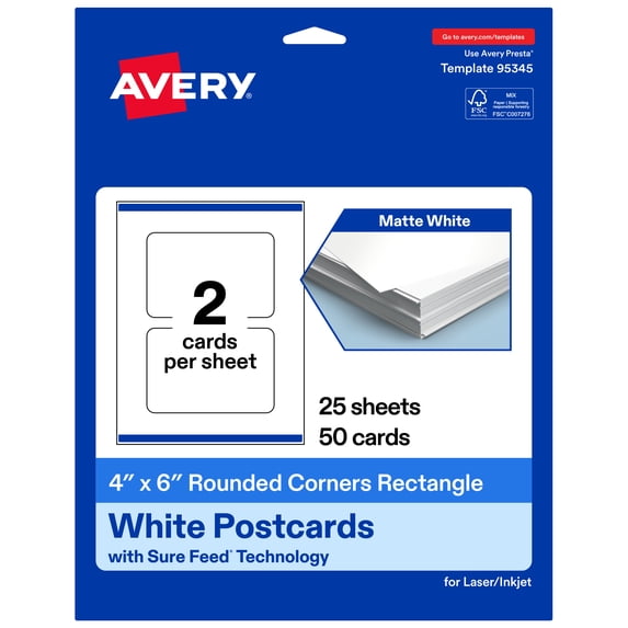 Avery Printable Cards with Rounded Corners, 4" x 6", Matte White, 50ct