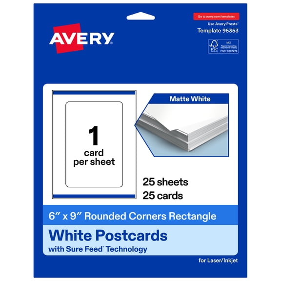 Avery Printable Cards with Rounded Corners, 6" x 9", Matte White, 25ct