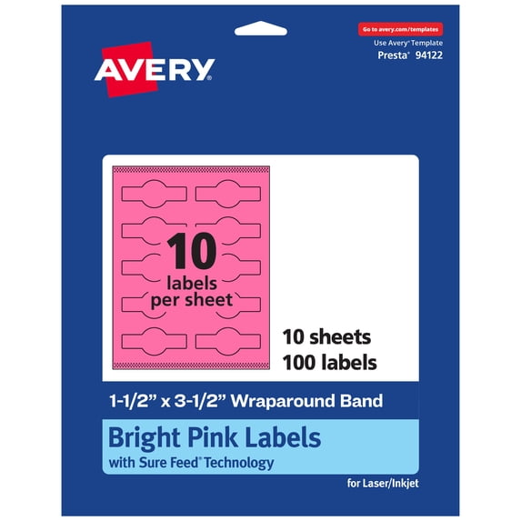 Avery Printable Wraparound Labels, Bright Pink, 1.5" x 3.5", 100ct