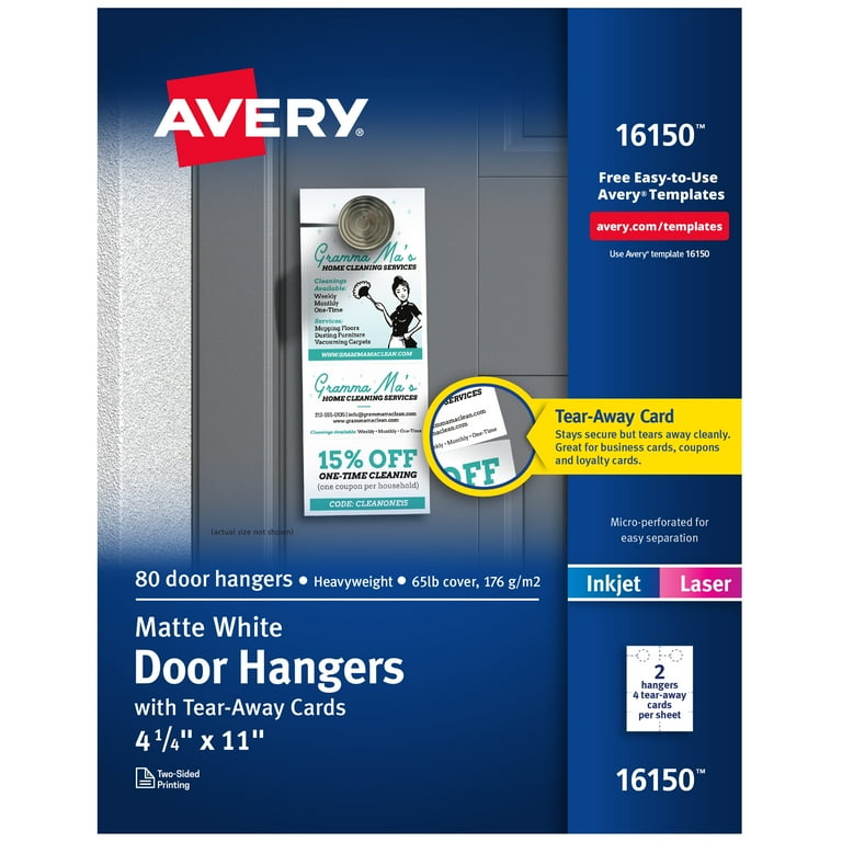 Avery Printable Door Hangers with Tear-Away Cards, 4.25 x 11, Matte  White, 80 Blank Door Hangers for Laser and Inkjet Printers (16150) 